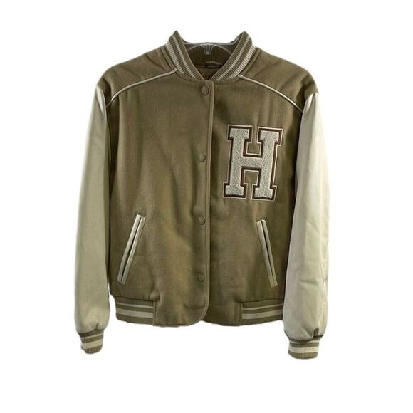 Zara NWOT Beige Contrast Varsity Bomber Jacket Size 13-14 - Picture 1 of 8